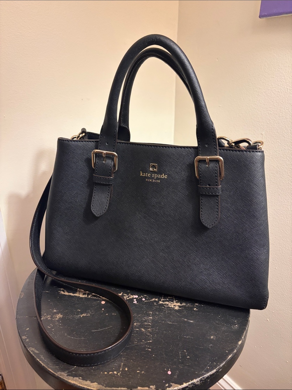 kate spade black leather satchel with gold hardware